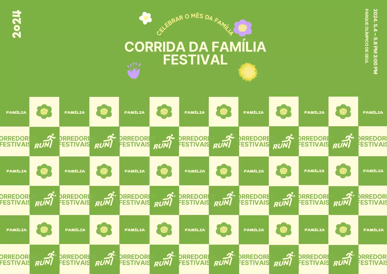 Design de cabina fotográfica para festival de corrida em família com ilustrações florais num tema de primavera sobre um fundo verde