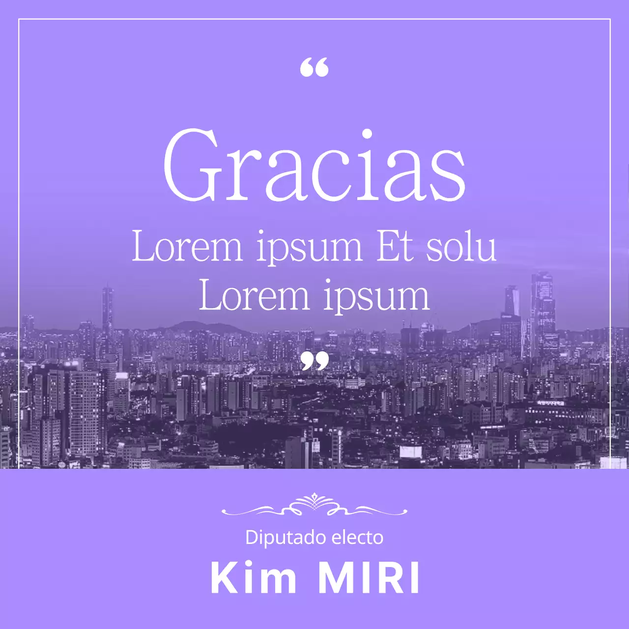 Un sencillo mensaje de agradecimiento electoral en morado y blanco