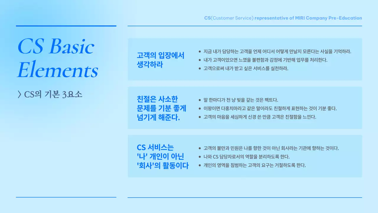 파랑과 하늘색의 모던한 CS업무 매뉴얼 교육자료