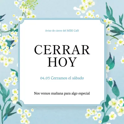Aviso sencillo de cierre de cafetería en azul claro y blanco