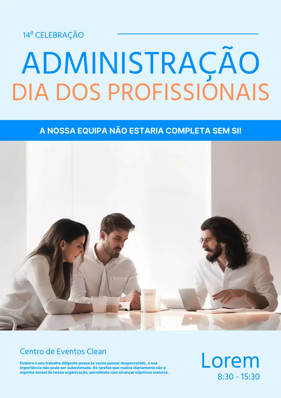 Folheto simples de evento de seminário empresarial em azul claro e laranja