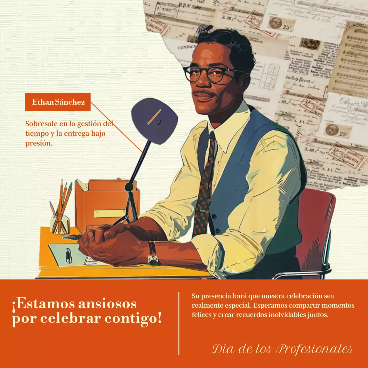 Un anuncio clásico del Día de los Profesionales de la Administración en naranja y beige