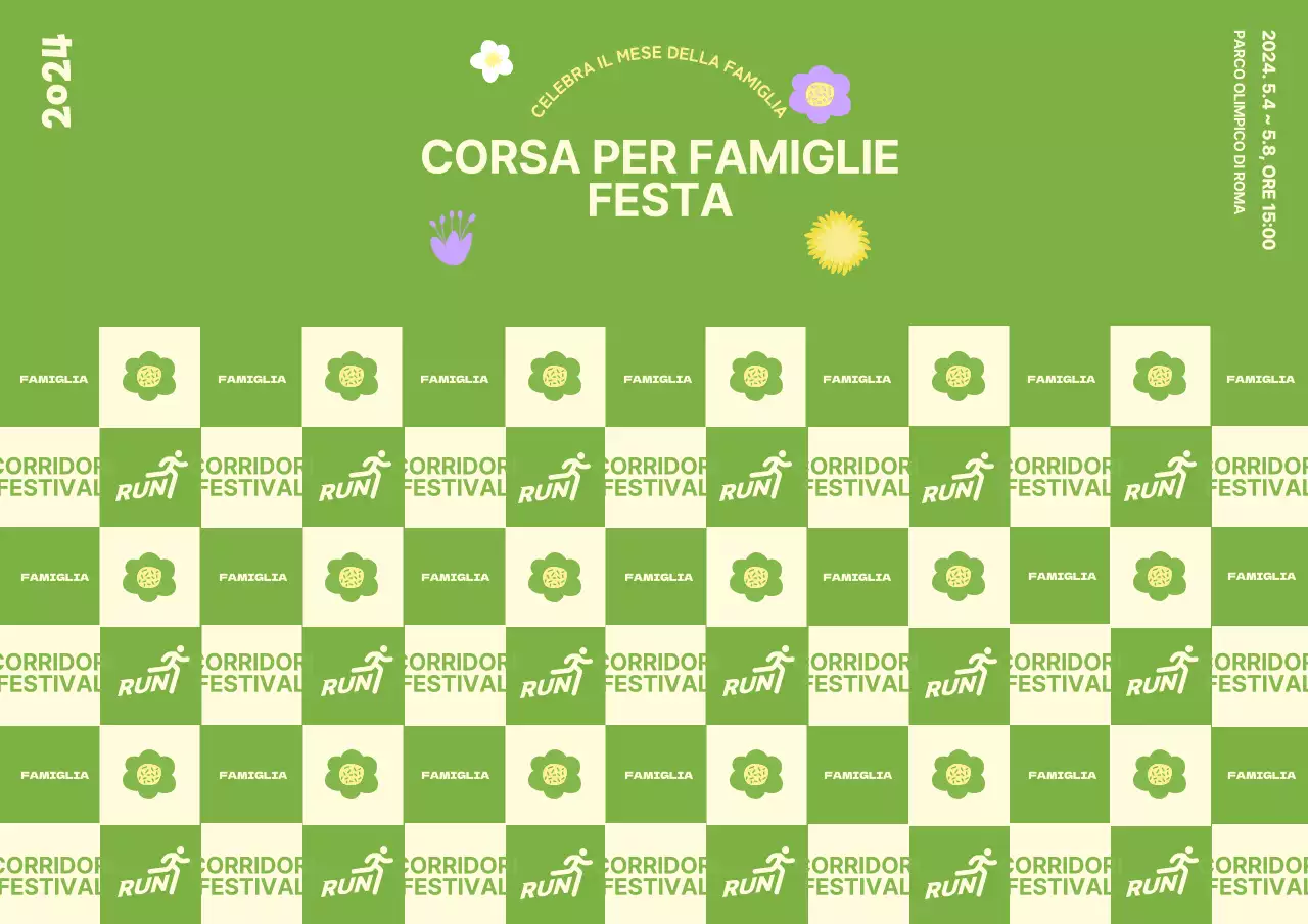 Design di photowall per cabine fotografiche di festival di famiglia con illustrazioni floreali a tema primaverile su sfondo verde