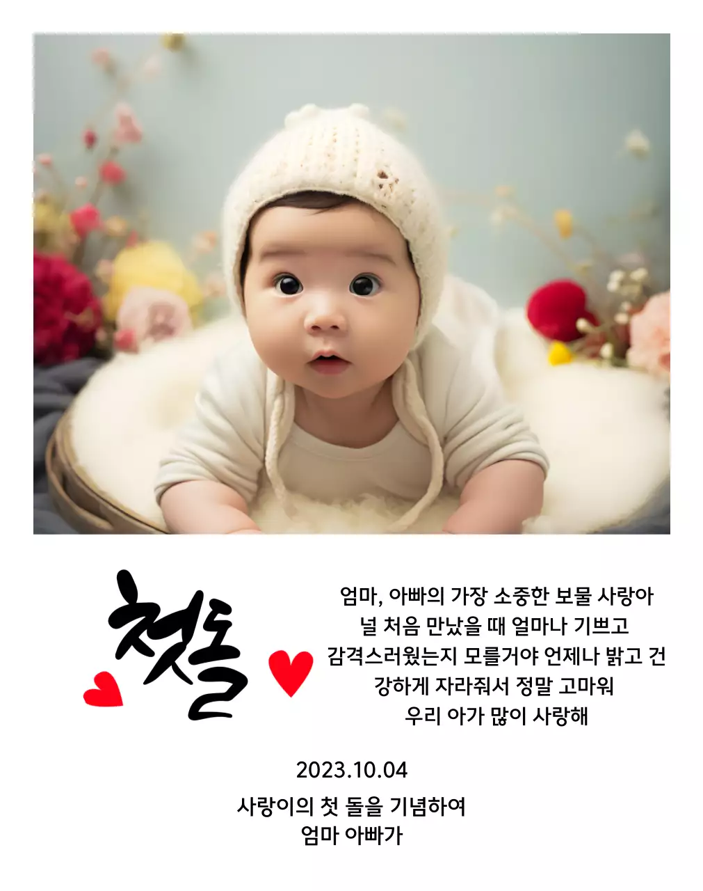 사각형 사진과 캘리그라피가 있는 귀여운 느낌의 첫돌 상패