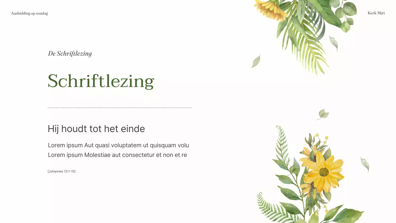 Een eenvoudige groen met gele servicegids voor de Botanische Kerk