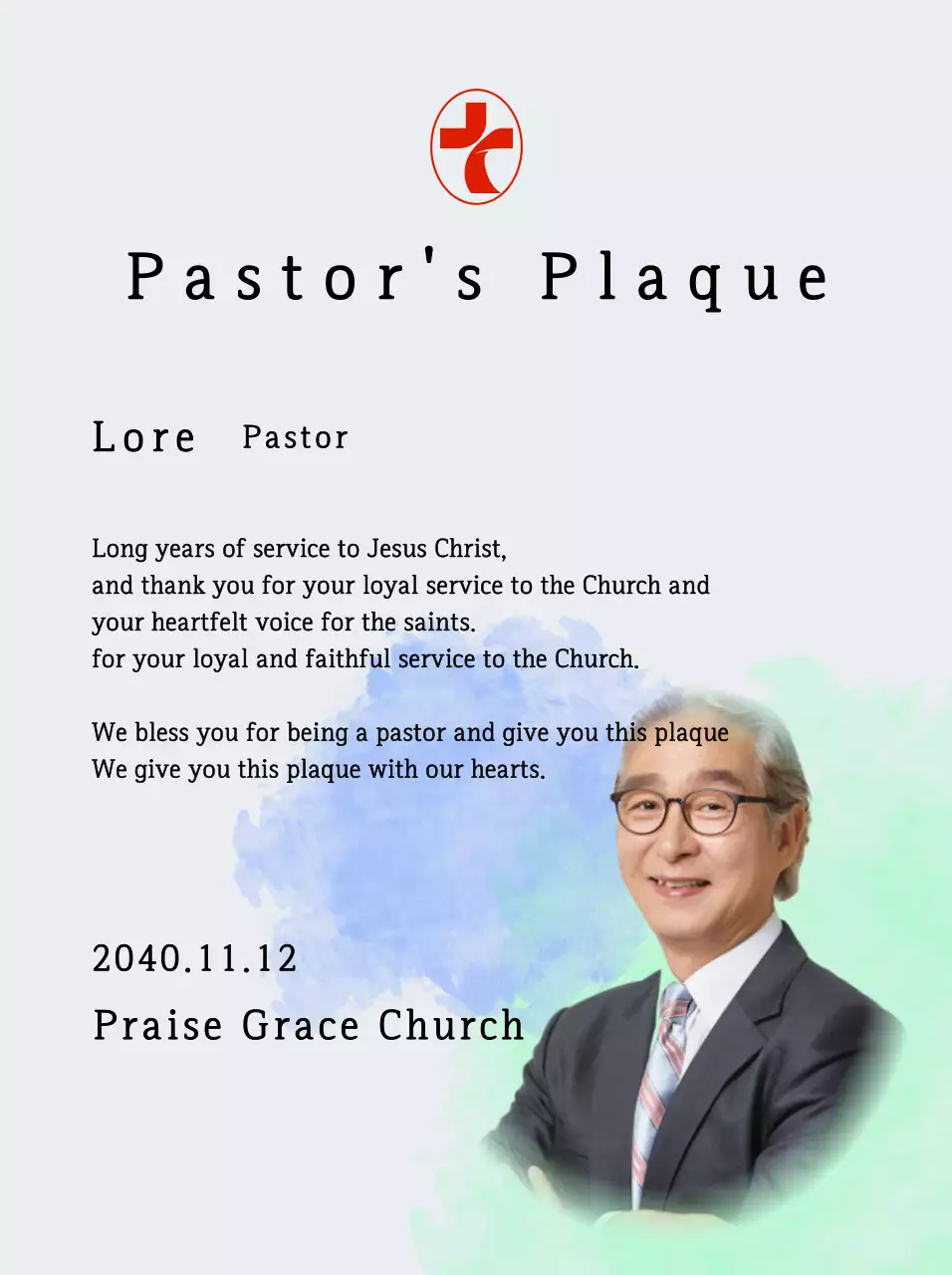 Plakat peresmian gereja yang lembut dengan latar belakang cat air gradien dan foto