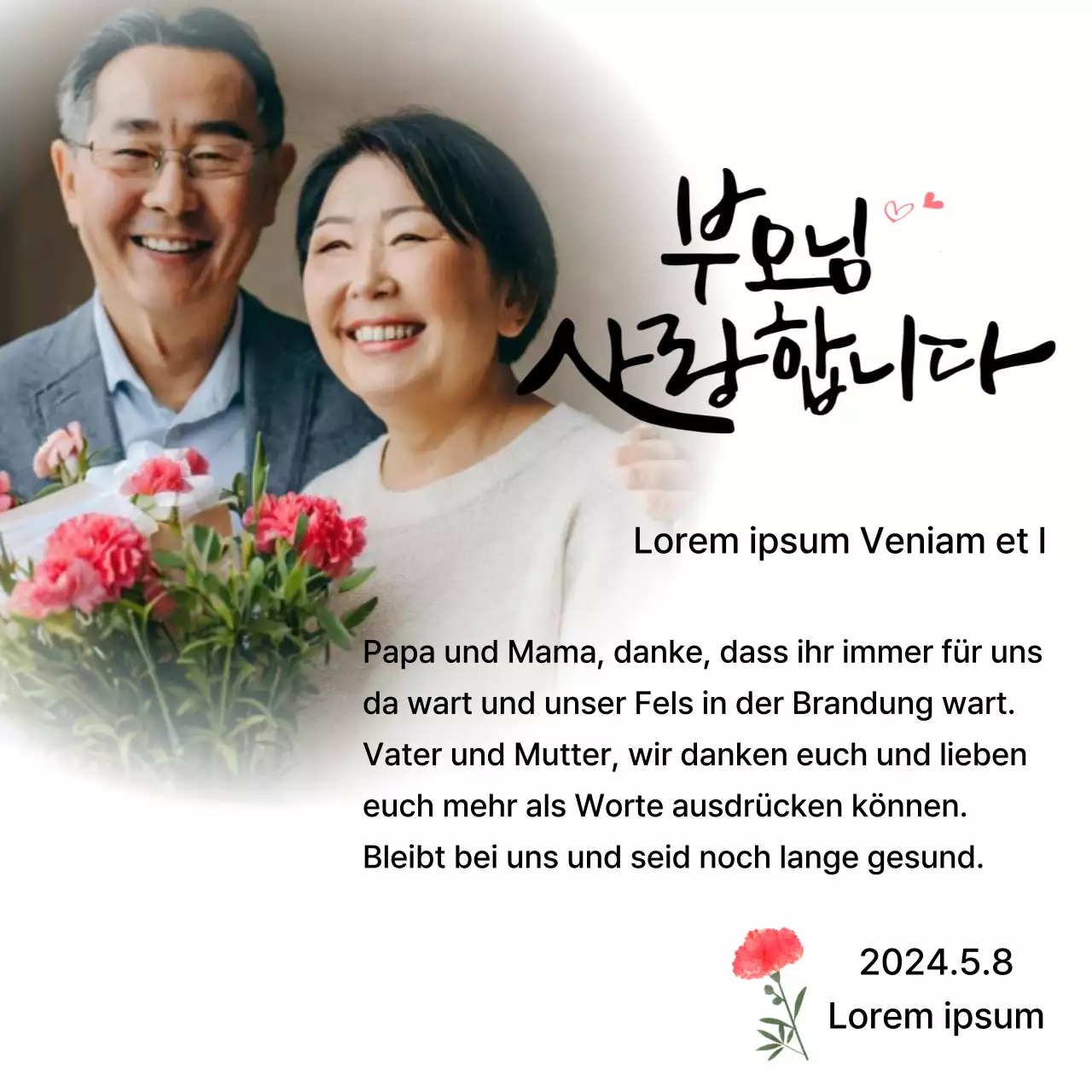 Design zum Muttertag mit Nelken und gefühlvollem kalligrafischem Text