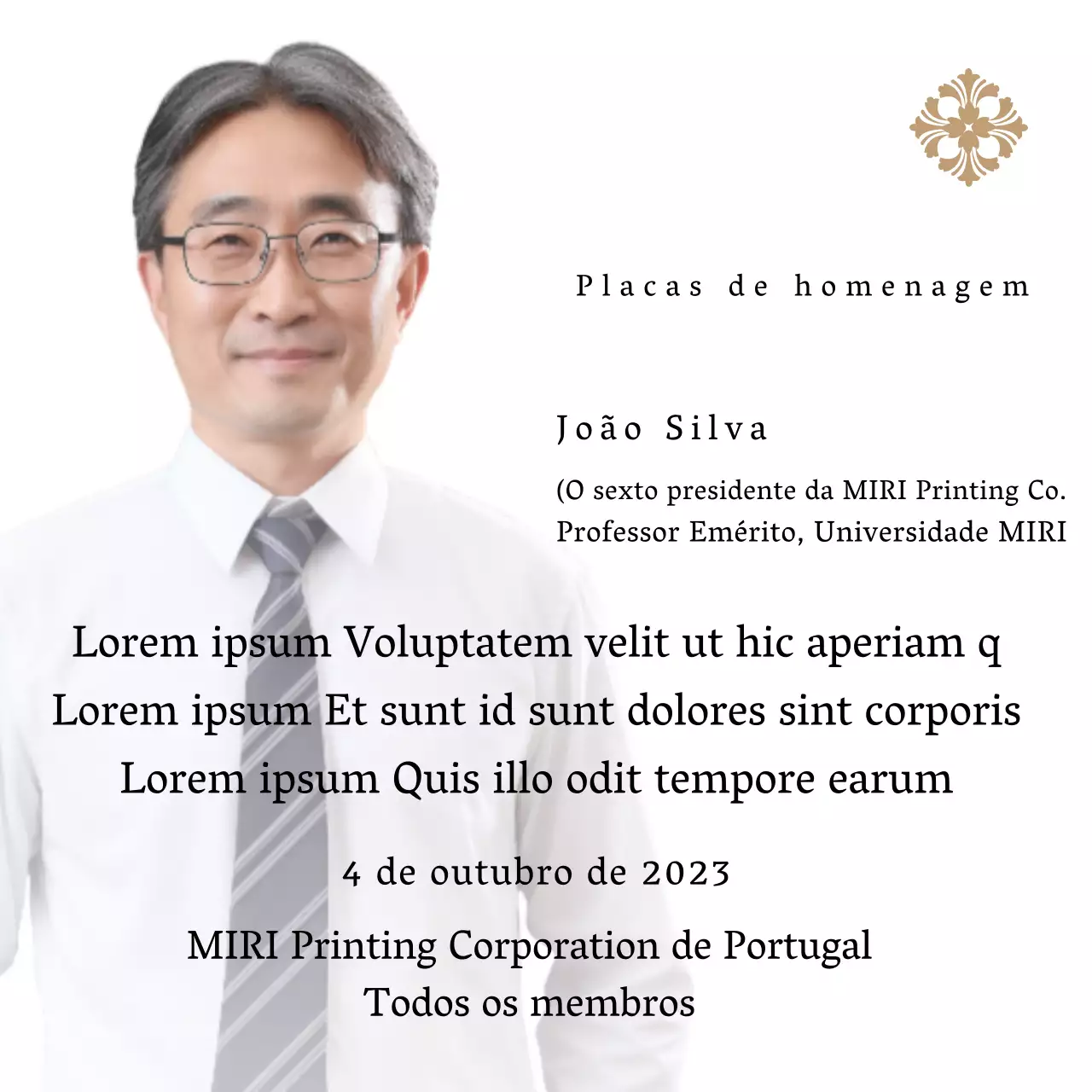 Placa comemorativa com ilustrações e fotografias de luxo