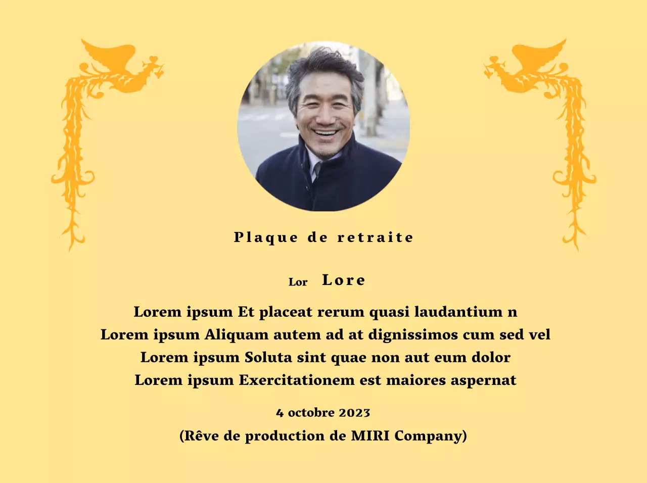 Une conception de retraite avec une illustration de phénix coloré et une photographie circulaire.