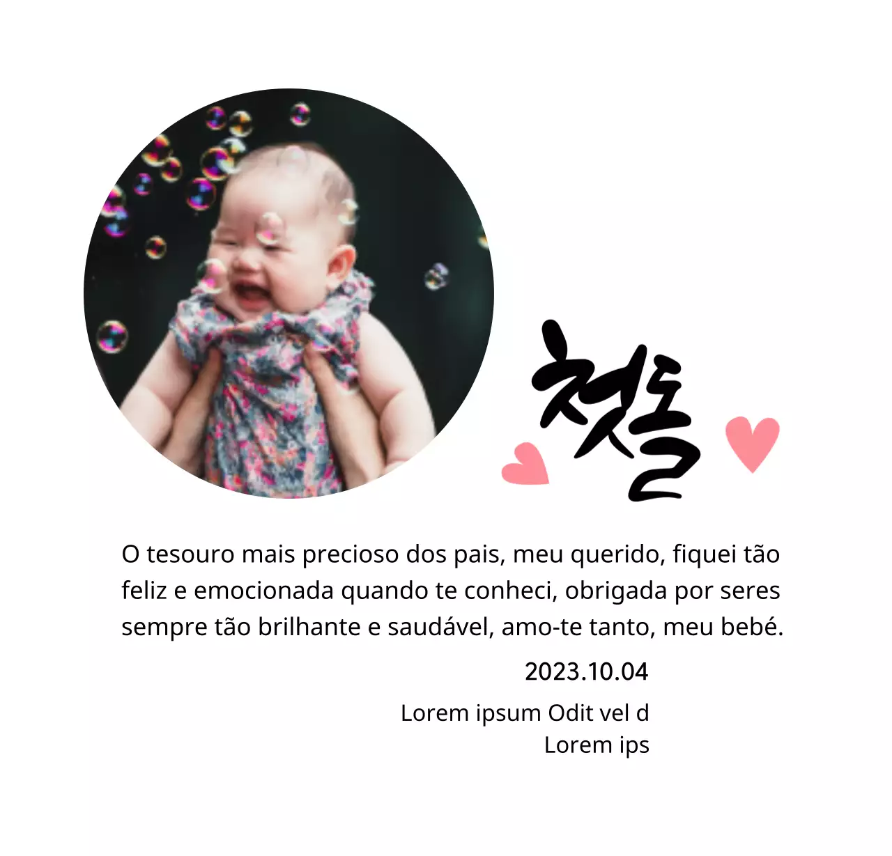 Placa gira para o primeiro aniversário com foto de coração e caligrafia