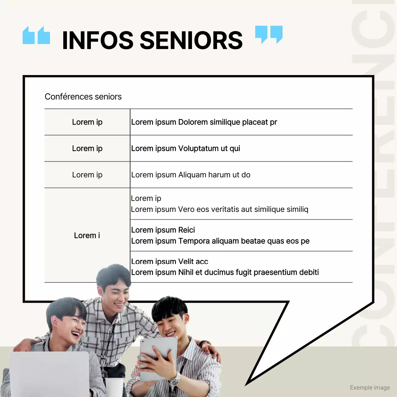 Une palette de couleurs simples, ivoire et bleu clair, pour promouvoir la conférence senior en cours d'emploi.