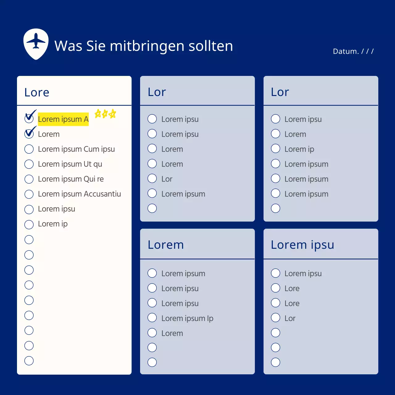 Ein einfacher Reiseplaner in Gelb und Marineblau