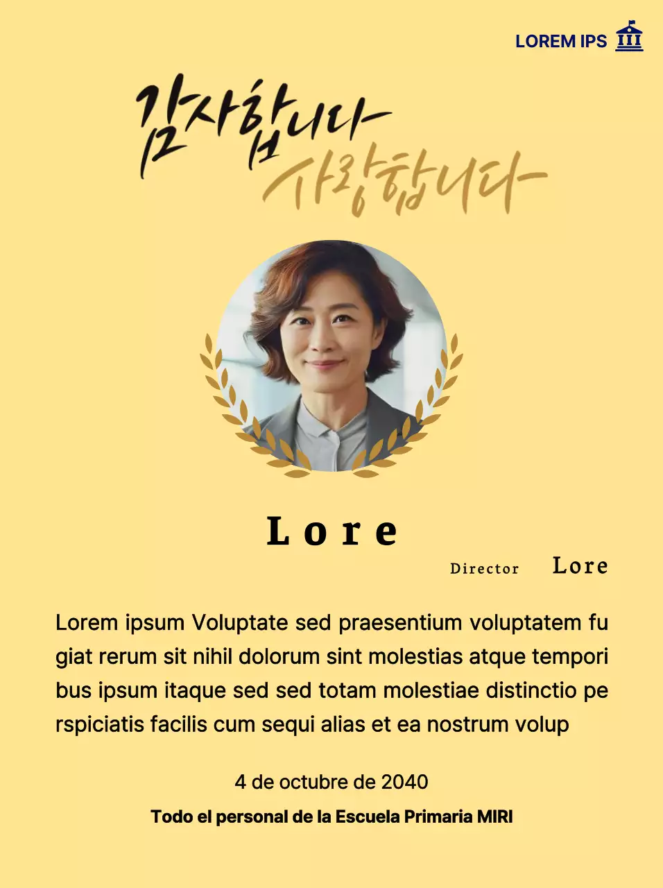 Una elegante placa de agradecimiento con coronas de laurel, foto circular y caligrafía.