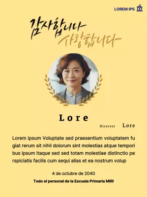 Una elegante placa de agradecimiento con coronas de laurel, foto circular y caligrafía.