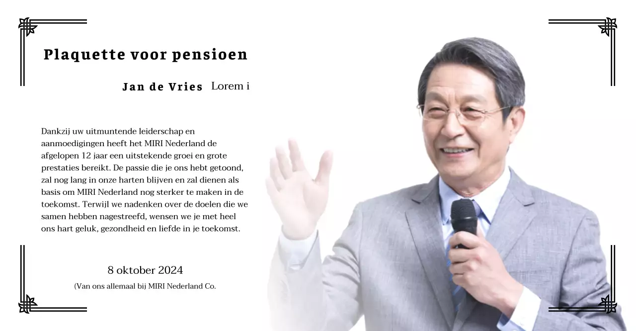 Ontwerp een pensioenfeest met decoratieve randen en foto's voor een georganiseerde sfeer