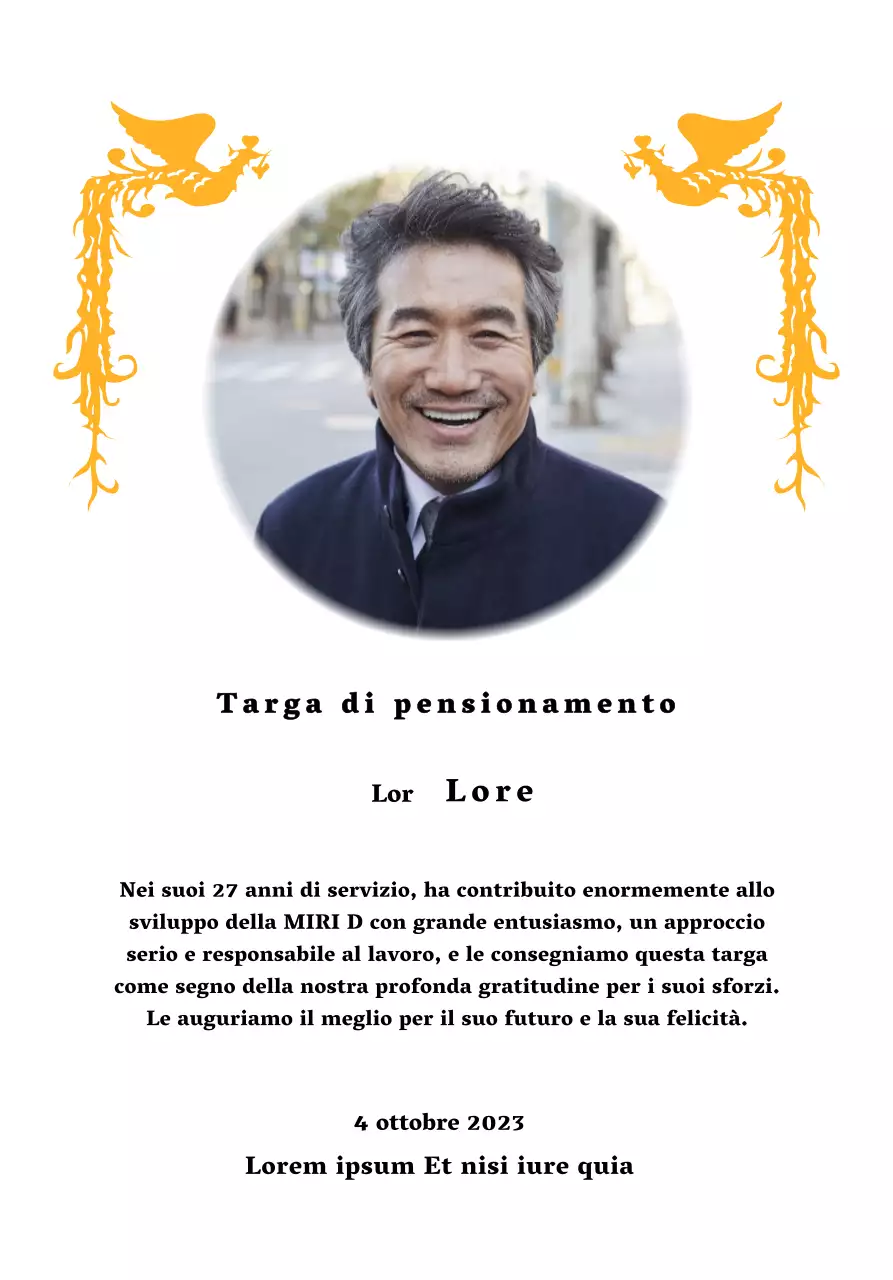 Un design per il pensionamento con un'illustrazione di una fenice colorata e una fotografia circolare.