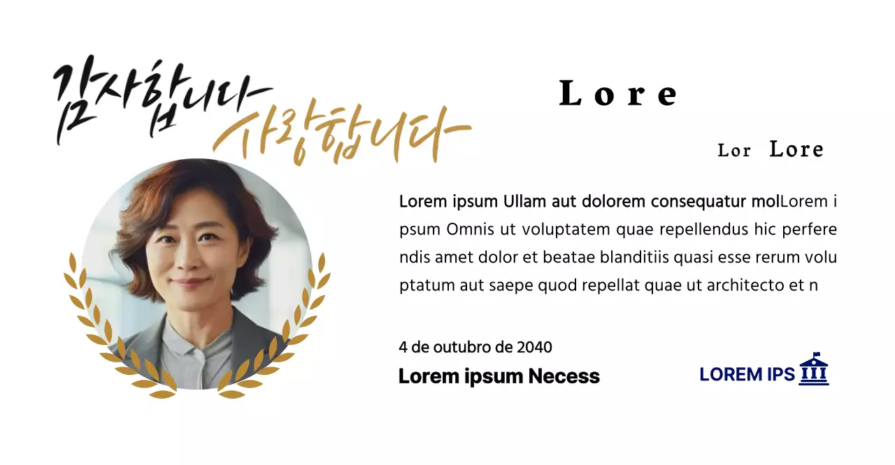 Uma placa de agradecimento de aspeto elegante com coroas de louros, fotografia circular e caligrafia.