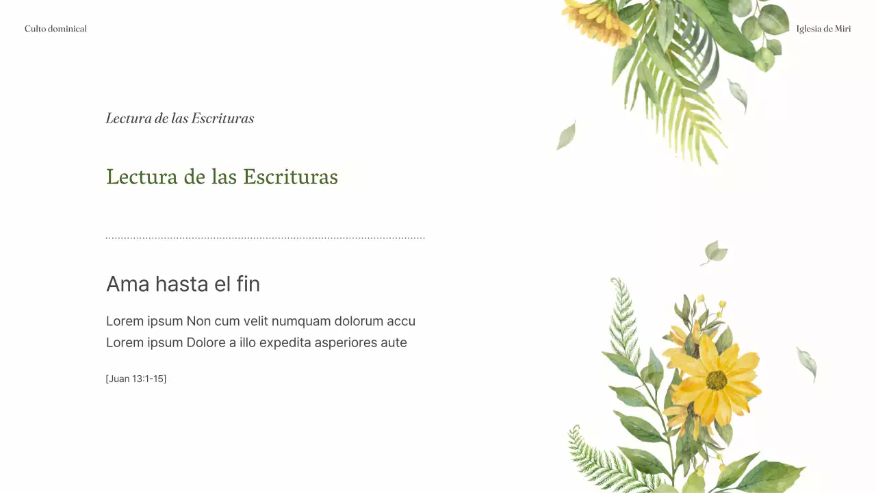 Una sencilla guía de servicios verde y amarilla para la Iglesia del Botánico