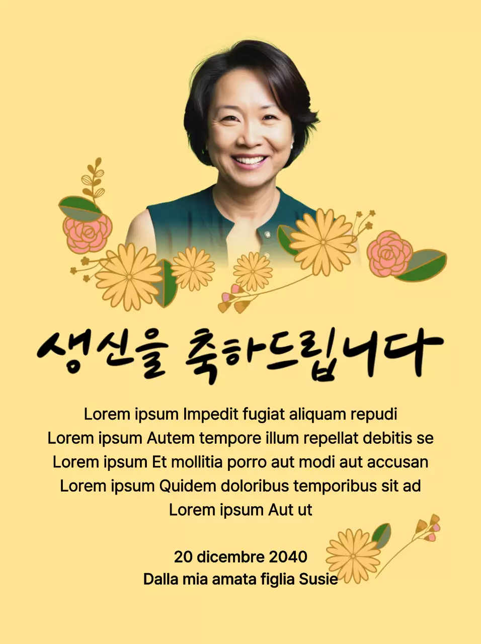 Buon compleanno con un fiore e una foto dei vostri genitori