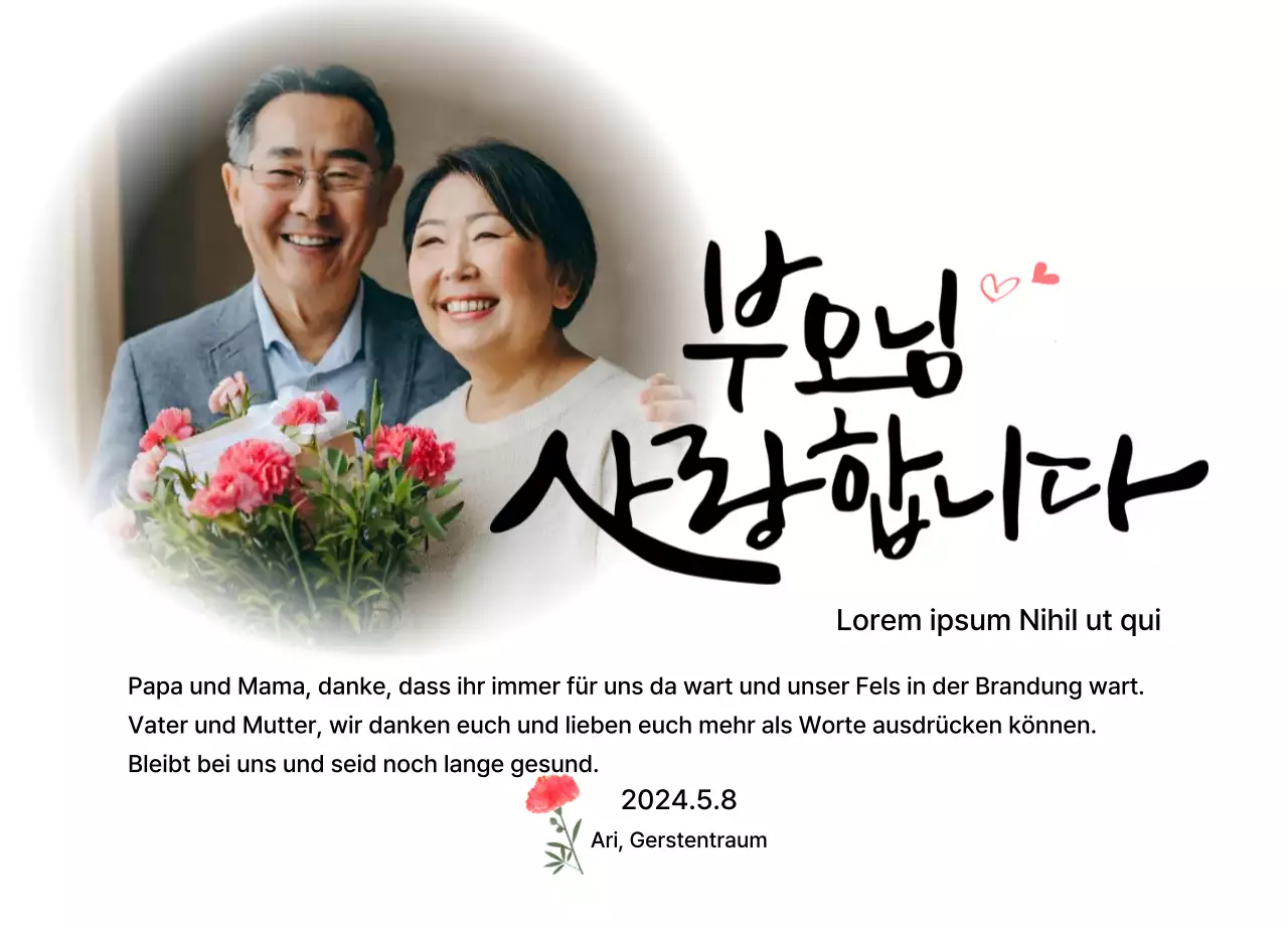 Design zum Muttertag mit Nelken und gefühlvollem kalligrafischem Text