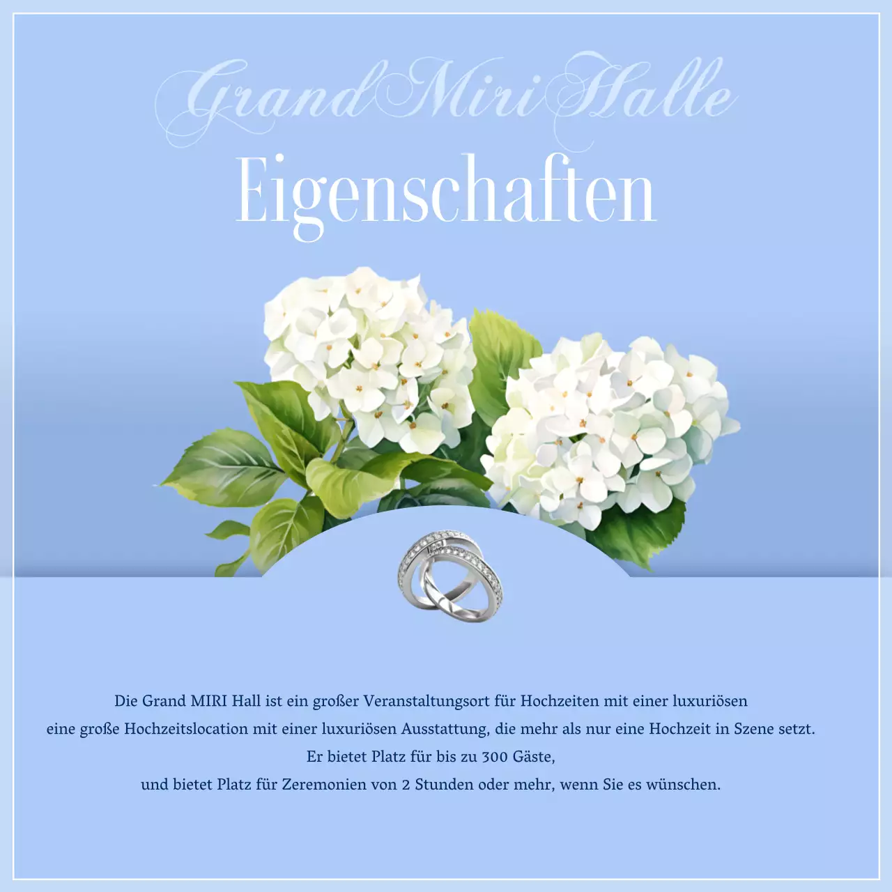 Werbung für eine himmelblaue, gehobene Hochzeitslocation