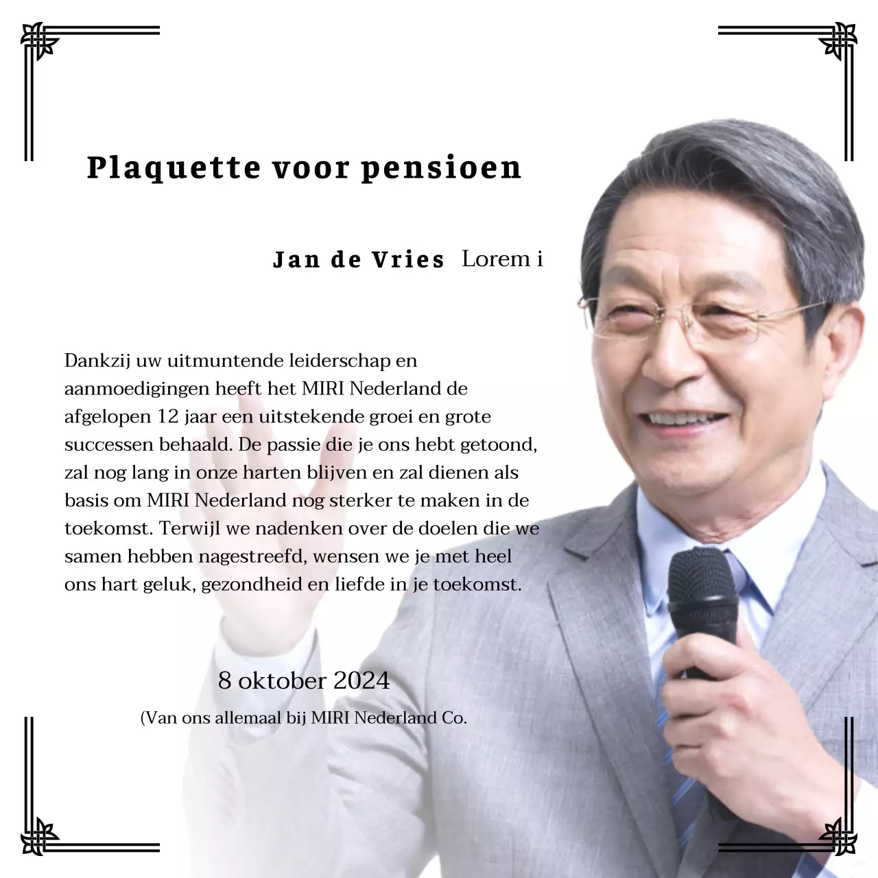 Ontwerp een pensioenfeest met decoratieve randen en foto's voor een georganiseerde sfeer