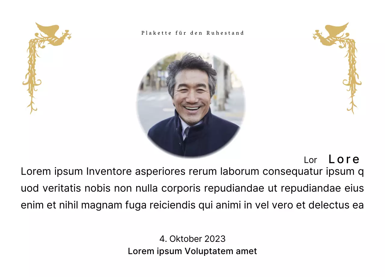 Ein Ruhestandsdesign mit einer farbenfrohen Phönix-Illustration und einem runden Foto.