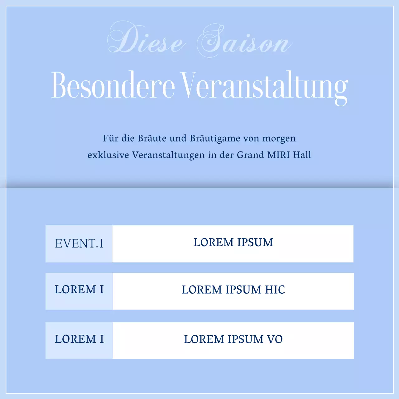 Werbung für eine himmelblaue, gehobene Hochzeitslocation