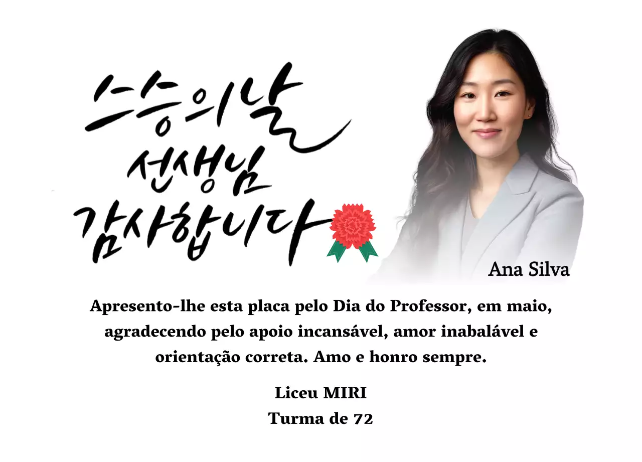 Uma nota de agradecimento colorida para o Dia do Professor com ilustração de cravos, caligrafia e fotografia