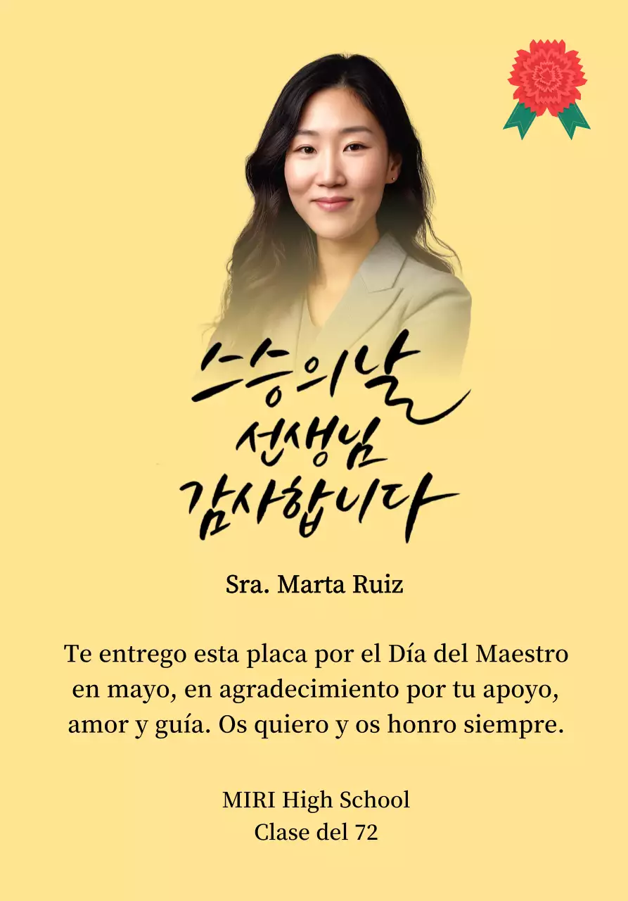 Colorida nota de agradecimiento por el Día del Profesor con ilustración de clavel, caligrafía y foto