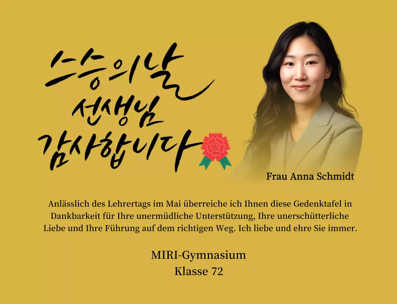 Eine farbenfrohe Dankeskarte zum Lehrertag mit Nelkenillustration, Kalligrafie und Foto