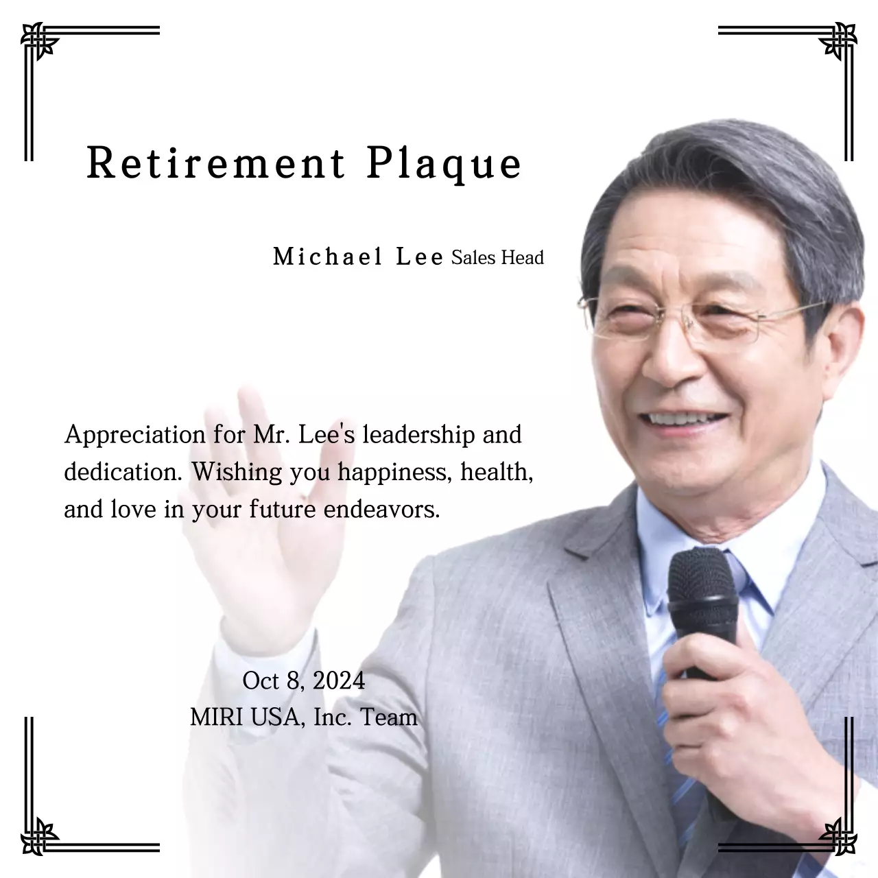 Design a retirement celebration with decorative borders and photos for an organized feel