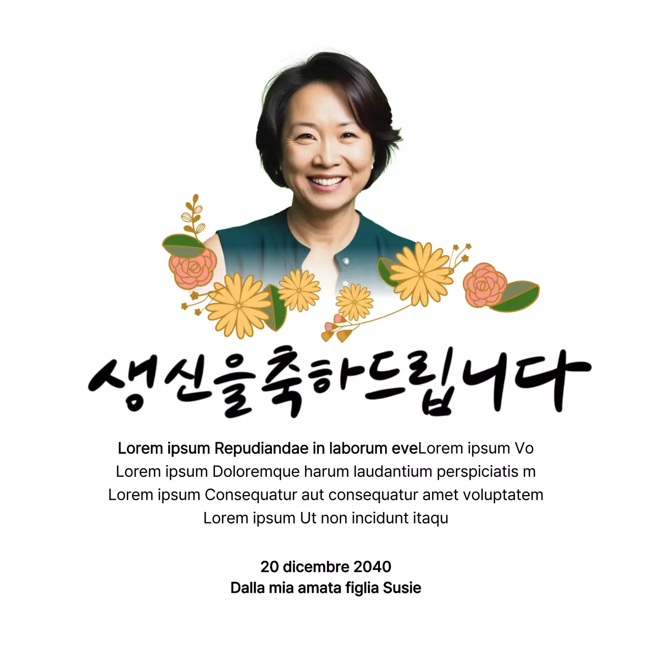 Buon compleanno con un fiore e una foto dei vostri genitori