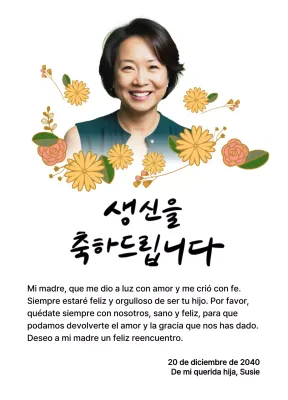 Feliz cumpleaños con una flor y una foto de tus padres