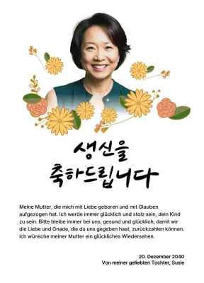 Happy Birthday mit einer Blume und einem Bild deiner Eltern