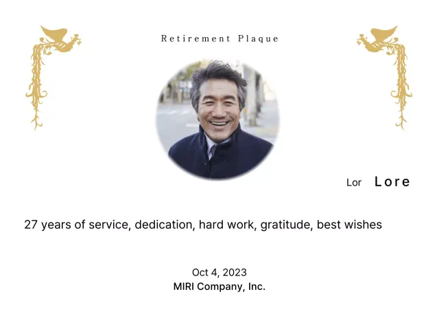 Desain pensiun dengan ilustrasi burung phoenix yang penuh warna dan foto melingkar.