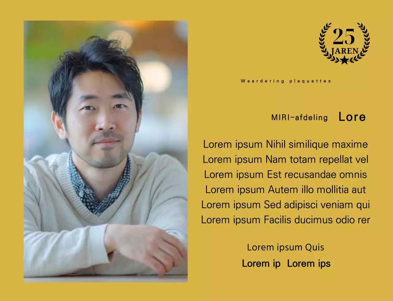 Een bedankontwerp met een vierkante foto met een gouden lint en een 25-jarig jubileummarkering