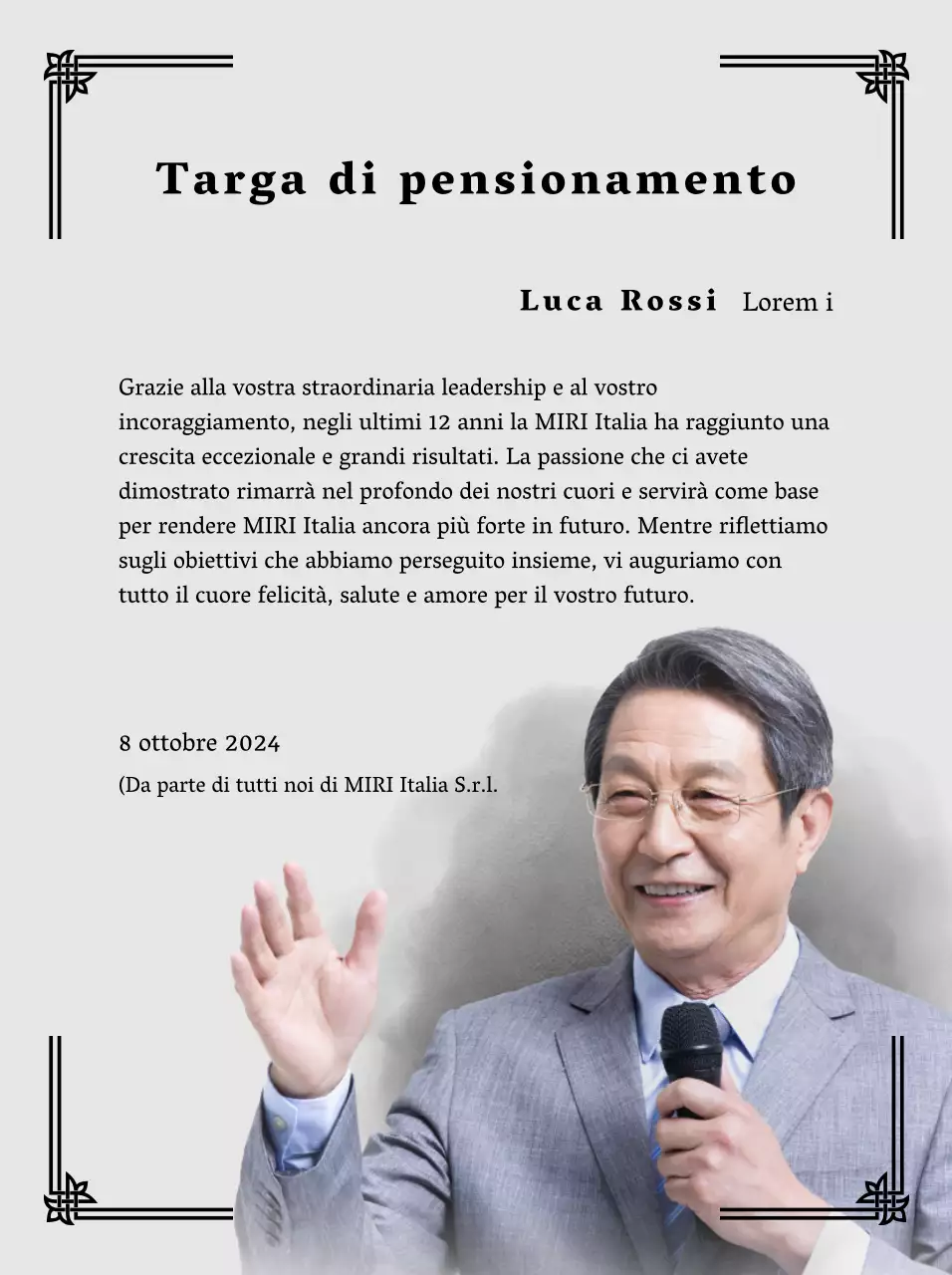 Progettate una festa di pensionamento con bordi decorativi e foto per un'atmosfera organizzata.