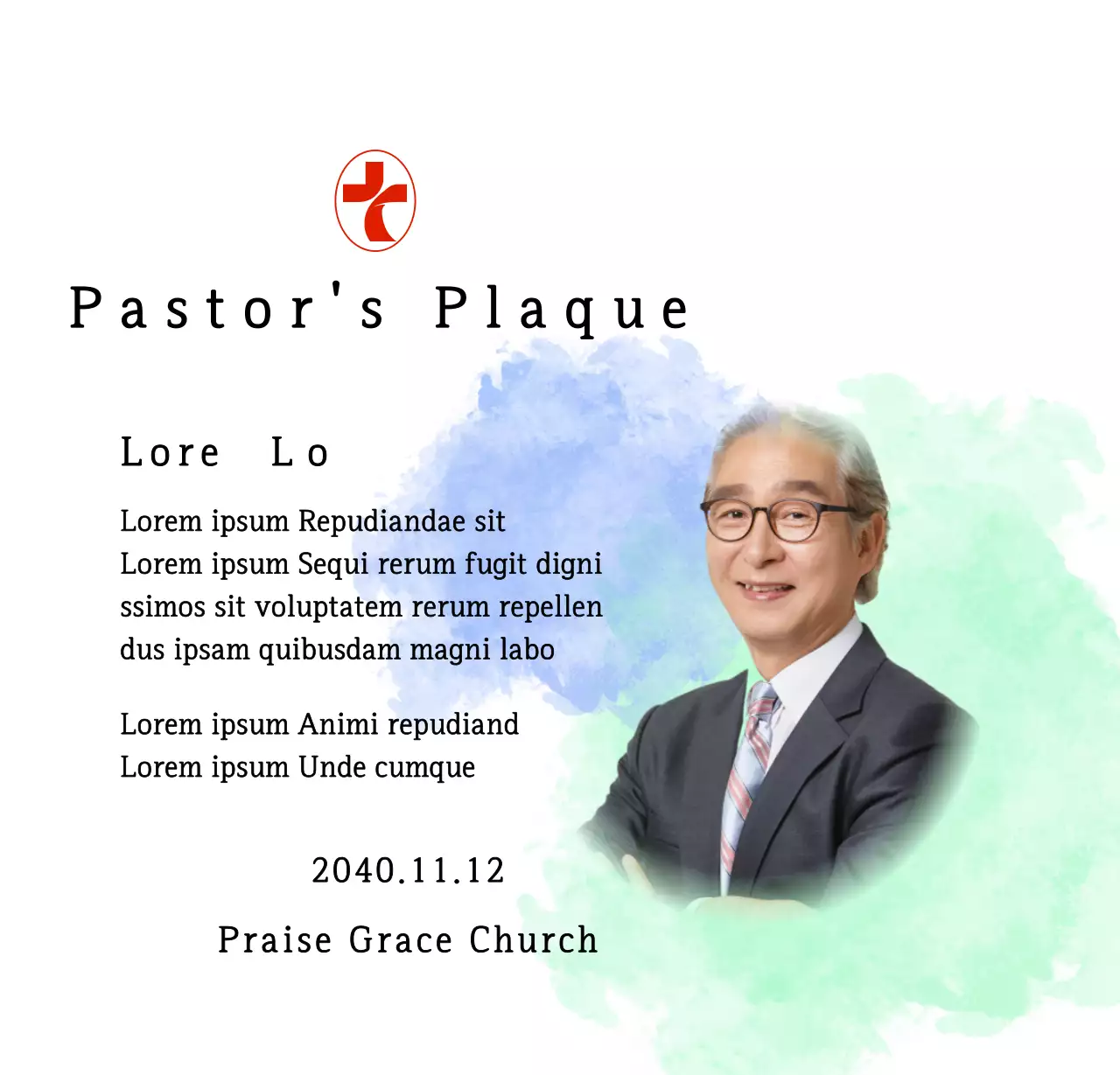 Plakat peresmian gereja yang lembut dengan latar belakang cat air gradien dan foto