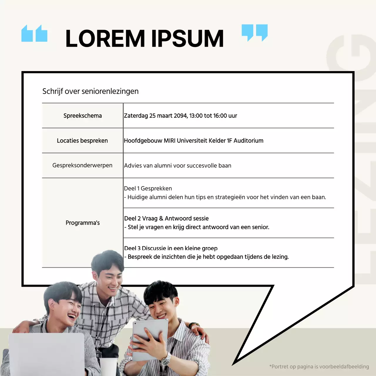 Een eenvoudig ivoorkleurig en lichtblauw kleurenschema om de in-service senior lezing te promoten