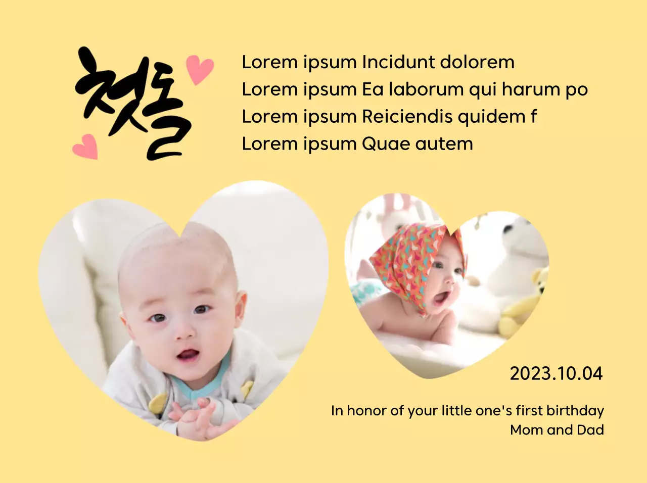 Plakat ulang tahun pertama yang lucu dengan foto hati dan kaligrafi