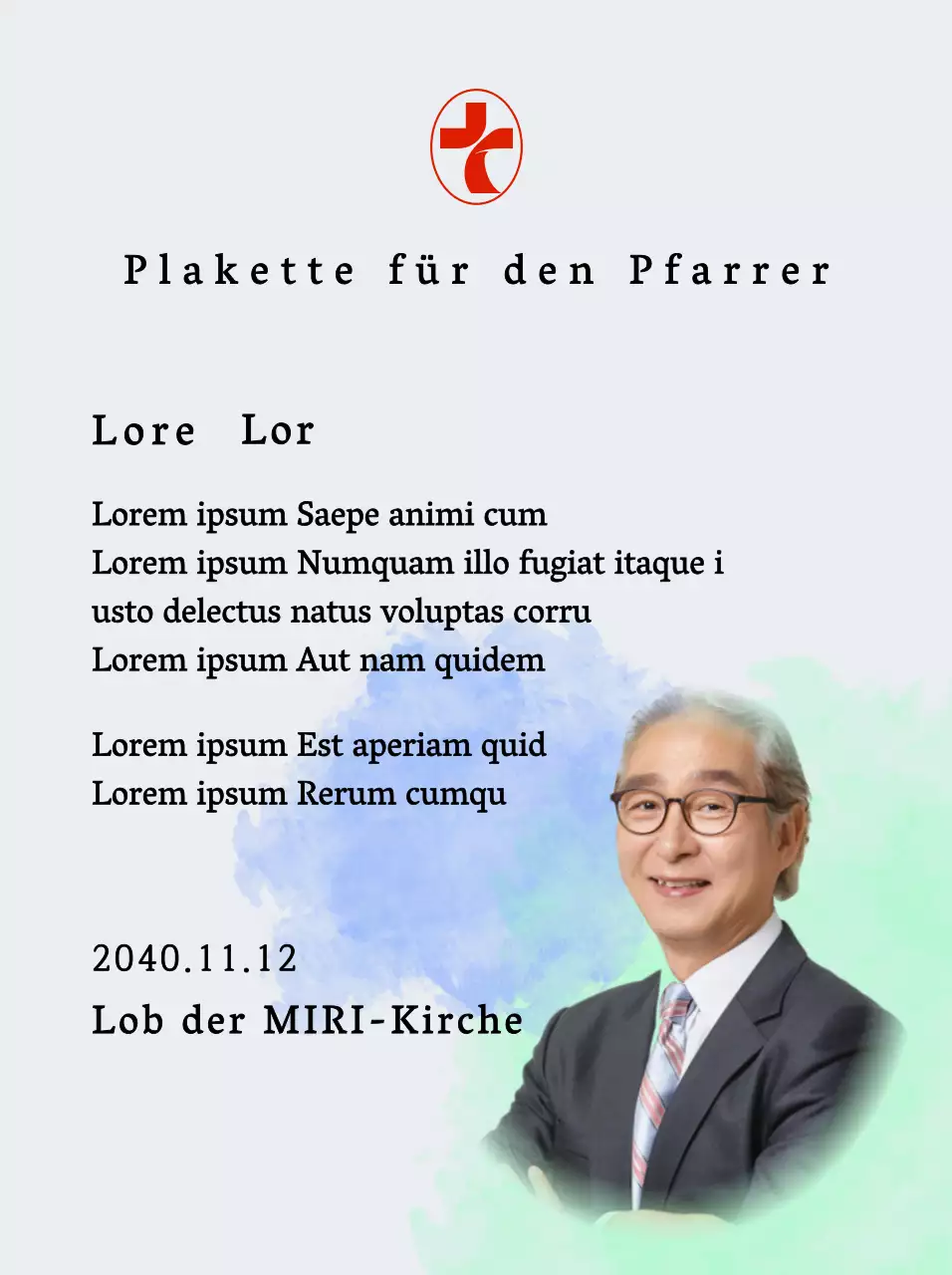 Weiches Kircheneinweihungsschild mit Aquarellhintergrund und Foto mit Farbverlauf