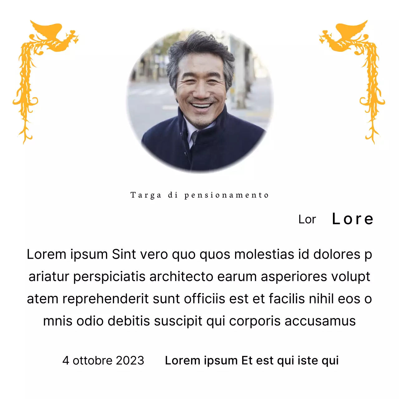 Un design per il pensionamento con un'illustrazione di una fenice colorata e una fotografia circolare.