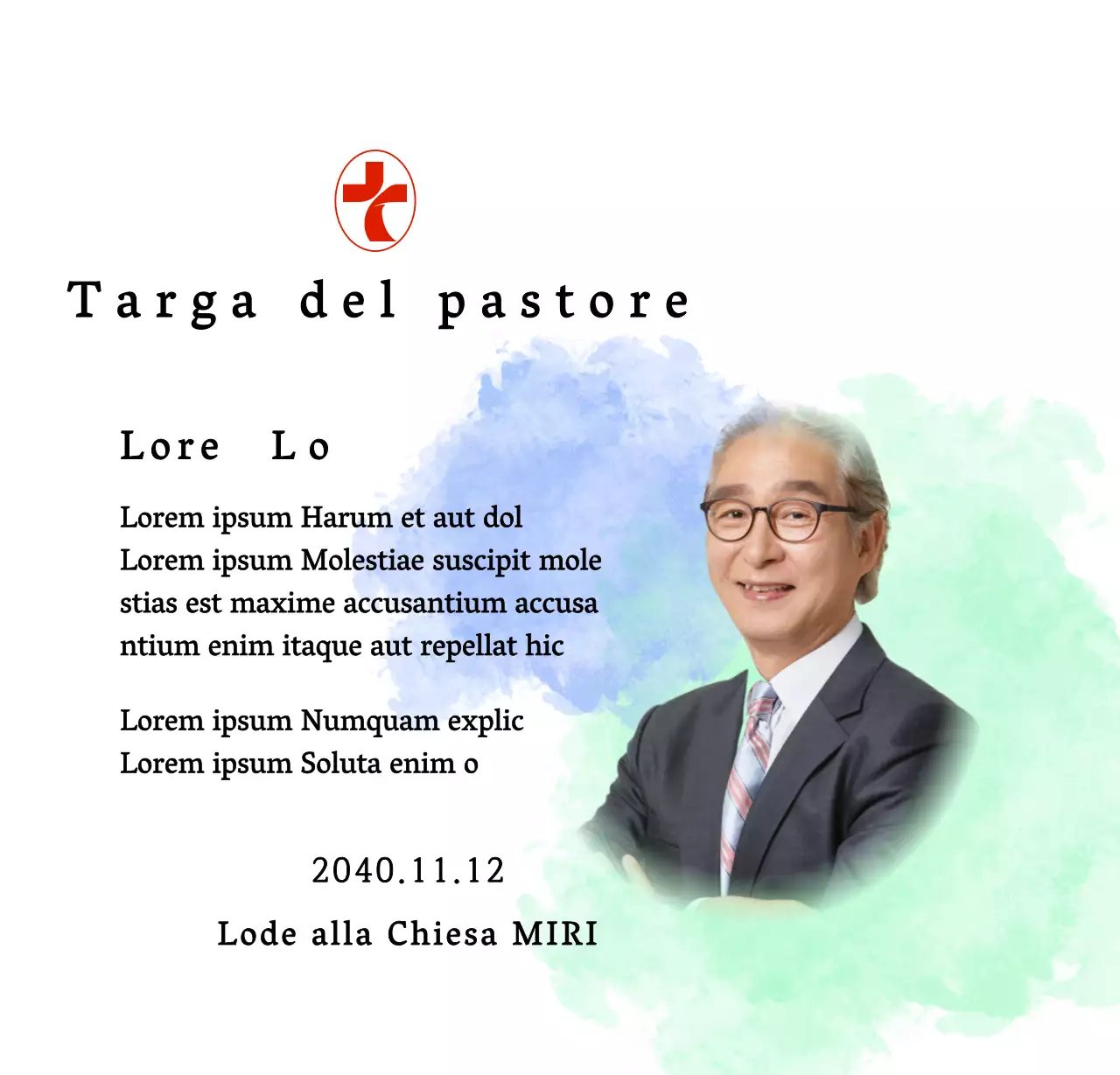 Targa di inaugurazione di una chiesa morbida con sfondo acquerellato sfumato e foto