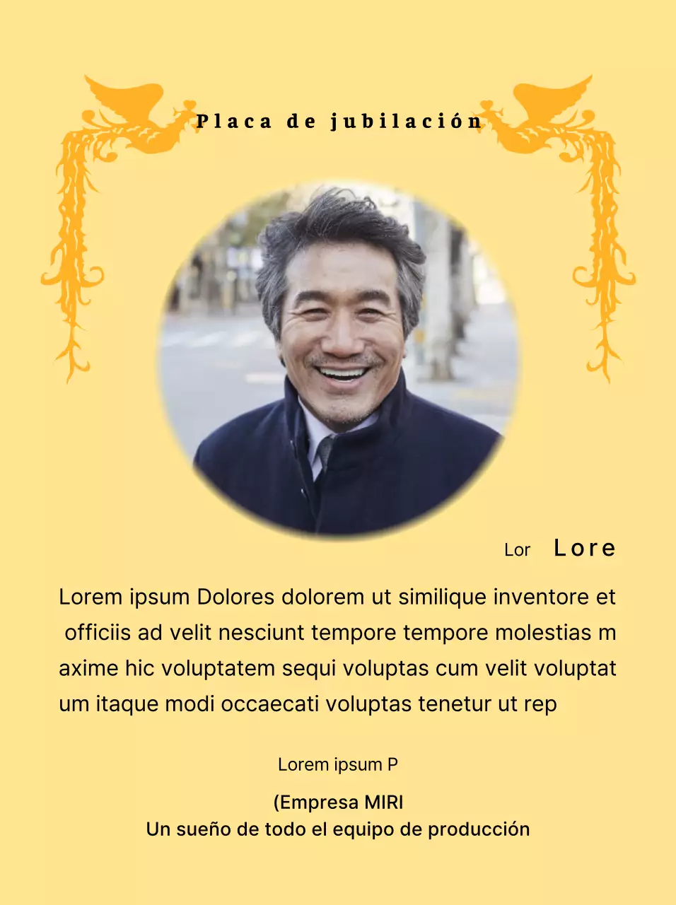 Un diseño de jubilación con una colorida ilustración de un ave fénix y una fotografía circular.