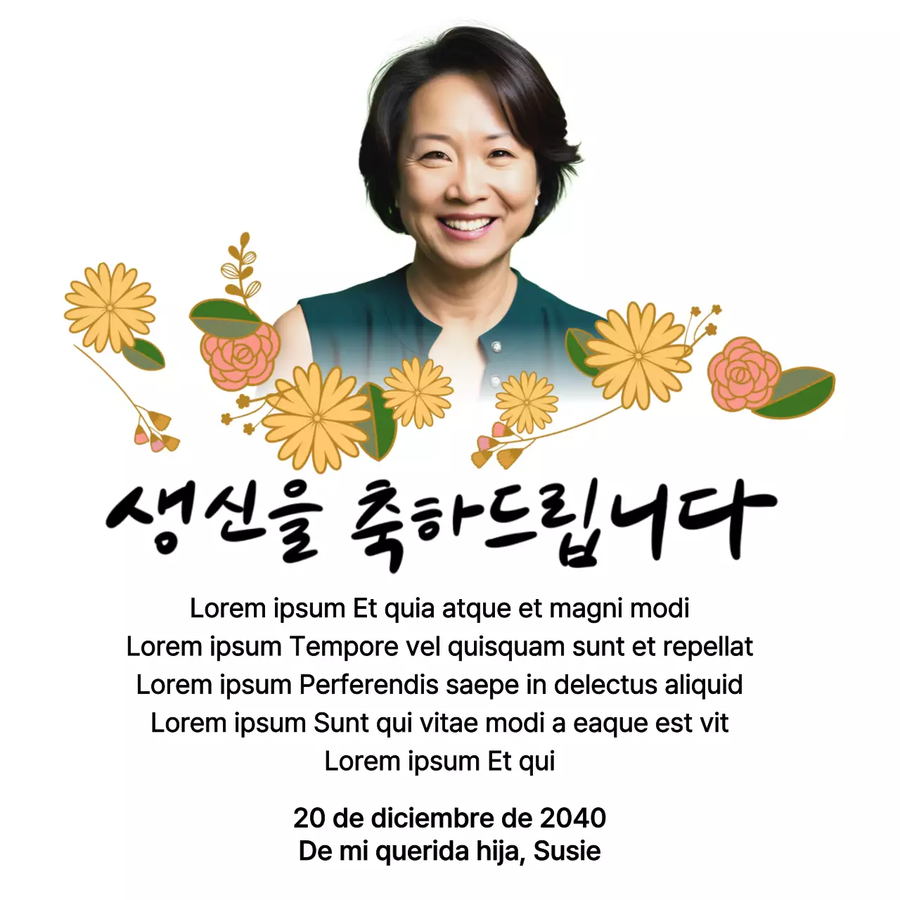 Feliz cumpleaños con una flor y una foto de tus padres