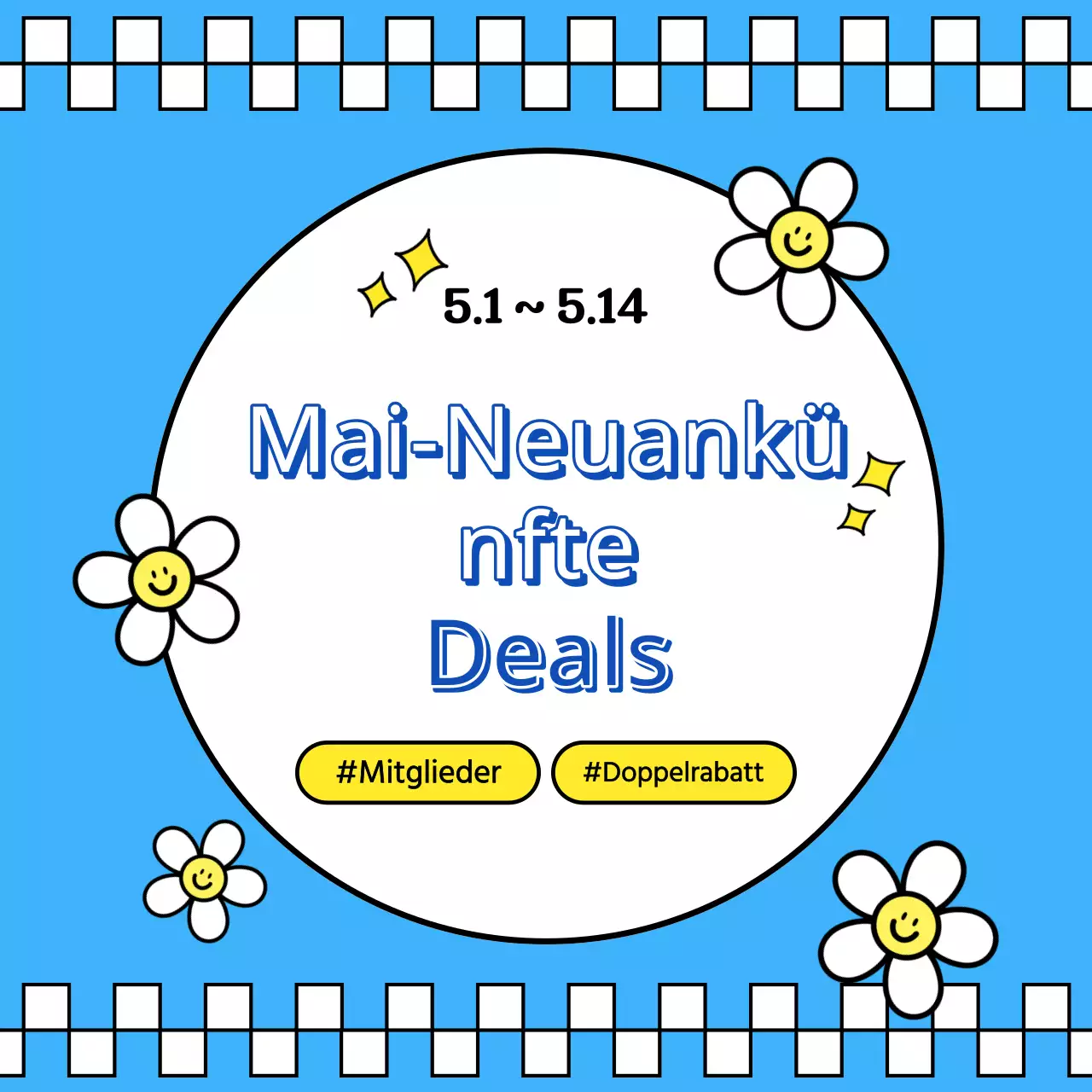 Kitschige Ausverkaufsanzeige für Neuankömmlinge in Gelb und Hellblau