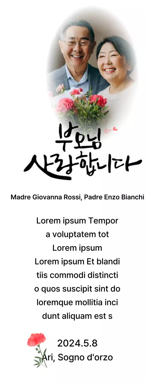 Design per la festa della mamma con garofani e testo calligrafico sentimentale