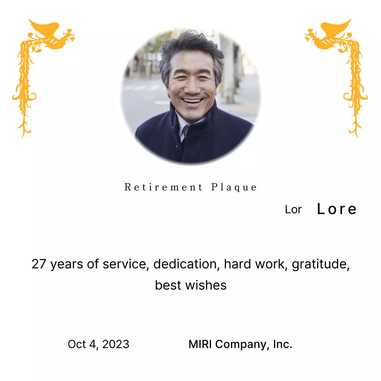 Desain pensiun dengan ilustrasi burung phoenix yang penuh warna dan foto melingkar.