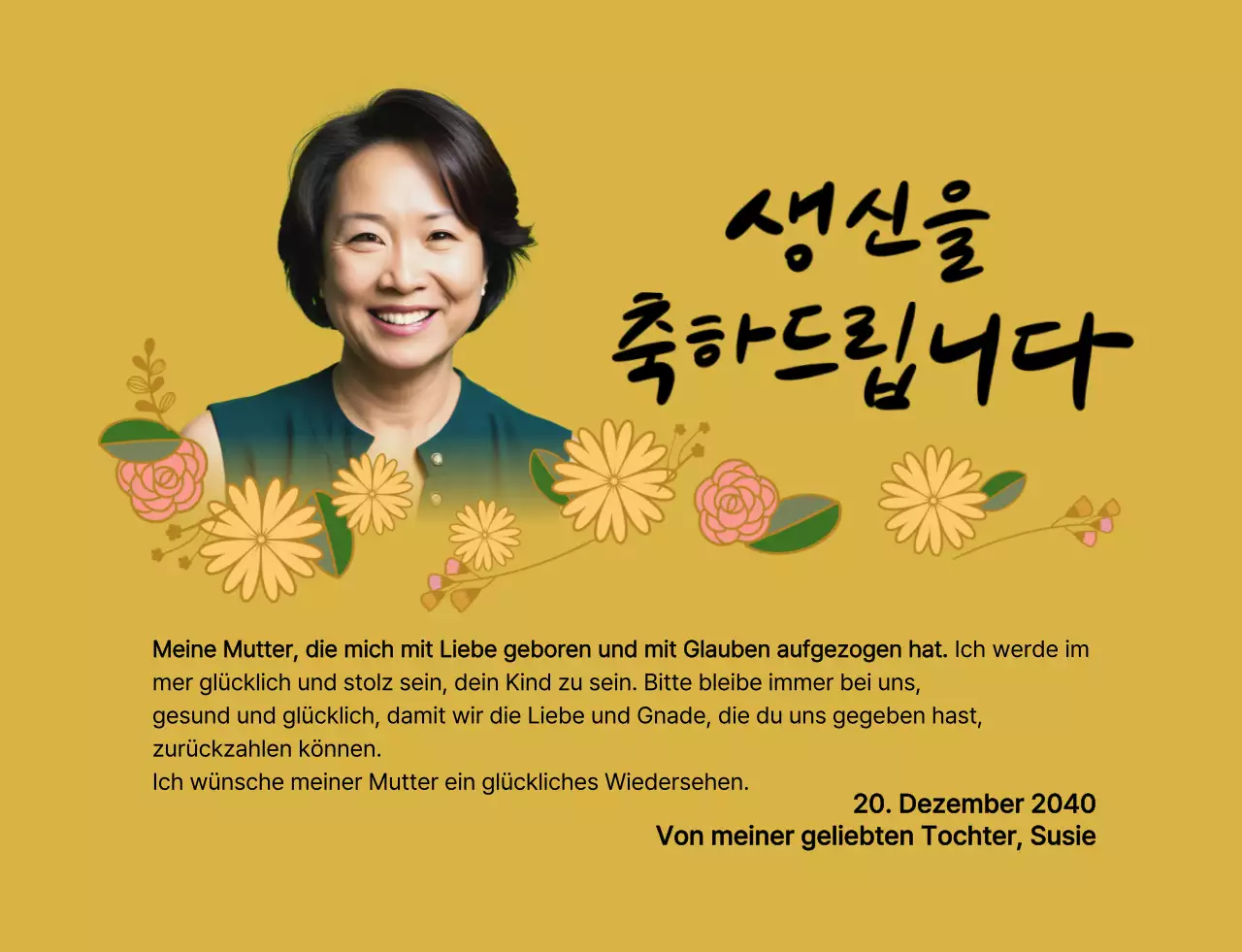 Happy Birthday mit einer Blume und einem Bild deiner Eltern